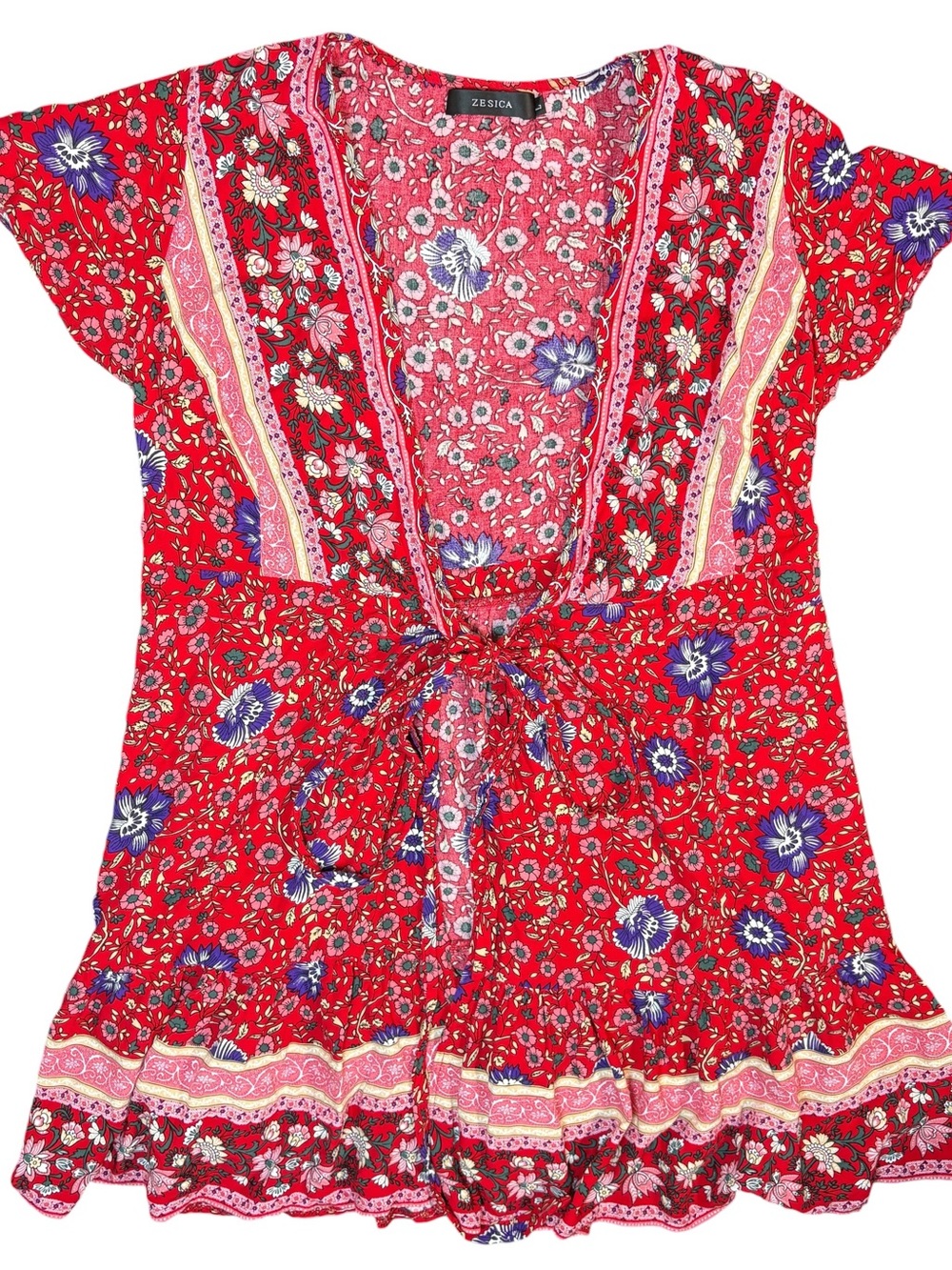 ZESICA Red Floral Swim Cover Up Kimono Wrap Boho Beach Size Large